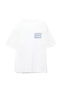 T-shirt en coton blanc à manches courtes, avec le texte bleu clair "ONDA BIANCA" et un graphique de vague sur la partie gauche de la poitrine.