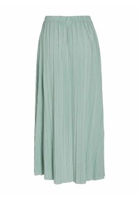 Pleated maxi skirt in light mint green. Elastic waistband, flowy design, made of lightweight fabric with vertical pleats throughout.