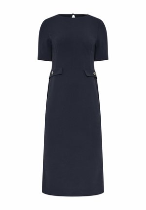 Vestido azul marino hasta la rodilla con mangas cortas, escote redondo y dos bolsillos delanteros con solapa y botones.