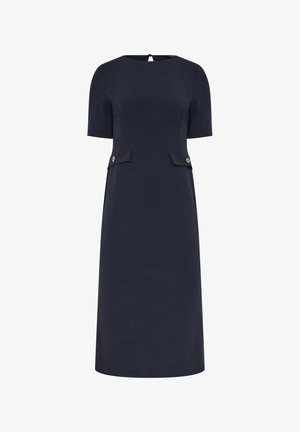 Vestido azul marino hasta la rodilla con mangas cortas, escote redondo y dos bolsillos delanteros con solapa y botones.