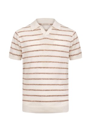 Kremowa koszulka polo z krótkim rękawem, z beżowymi poziomymi paskami i kołnierzykiem w kształcie litery V.