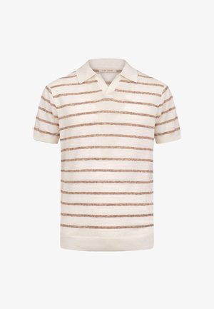 Cremefarbenes Polo-Shirt mit kurzen Ärmeln, beigen horizontalen Streifen und V-Ausschnitt.