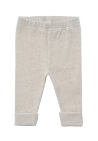 Light gray ribbed leggings with an elastic waistband and cuffed hems, featuring a soft texture and a subtle pattern.