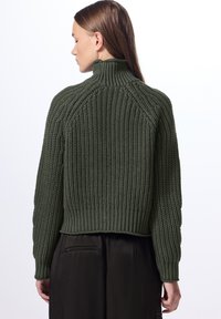 Maglione a maglia verde khaki con colletto alto, texture a coste e orlo corto. Presenta maniche raglan e una vita spessa.