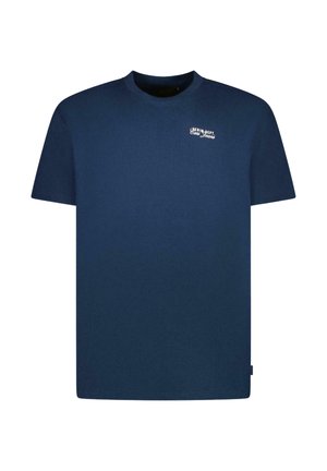 Marineblauw katoenen T-shirt met een ronde hals, korte mouwen en een klein wit logo op de borst. Glad oppervlak met een ontspannen pasvorm.