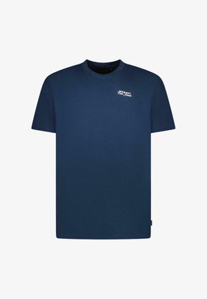 Marineblauw katoenen T-shirt met een ronde hals, korte mouwen en een klein wit logo op de borst. Glad oppervlak met een ontspannen pasvorm.