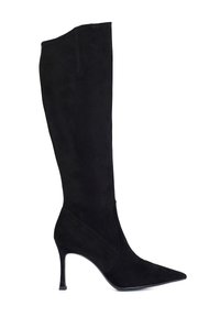 Stivale nero in suede al ginocchio con punta affusolata, forma elegante e tacco a stiletto di 10 cm, con minimi dettagli di cucitura.
