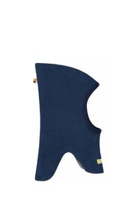 Balaclava in pile blu navy con cima arrotondata, viso aperto e fori per le braccia. Presenta un piccolo etichetta verde e una consistenza morbida.