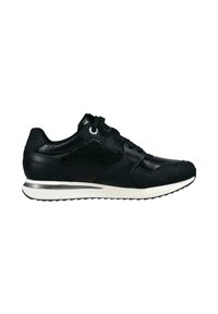 Schwarzer Sportschuh aus Leder und Veloursleder, mit Schnürdesign, strukturierten Einsätzen, silbernen Akzenten und einer weißen Gummisohle.