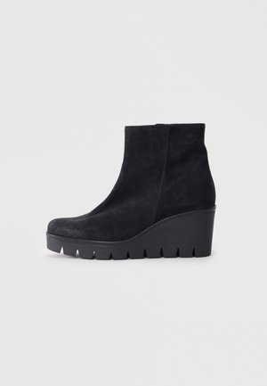 Black suede ankle boots with a high wedge heel, rounded toe, and a textured rubber sole featuring serrated edges.