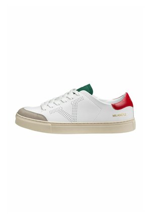 White sneaker with green and red accents, perforated design, textured grey suede toe cap, and a beige rubber sole. Gold "MILANO12" detail on heel.