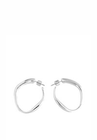 Silver hoop earrings with a twisted design, featuring a polished finish and a post-back closure for secure wearing.