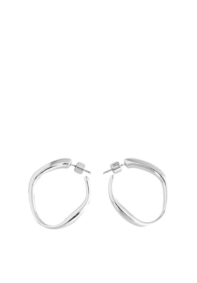 Silver hoop earrings with a twisted design, featuring a polished finish and a post-back closure for secure wearing.