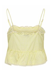 Yellow gingham cropped top with adjustable spaghetti straps, ruffled neckline, and an eyelet lace hem. Smooth texture and lightweight fabric.