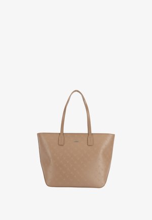 Borsa tote in pelle marrone chiaro con due manici, caratterizzata da un sottile motivo embossato e da un logo argentato sul davanti. Texture liscia, design aperto.