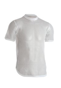 Hvid mesh kortærmet t-shirt med l�øst strikdesign, rund halsudskæring og lige kant med subtile buede kanter.