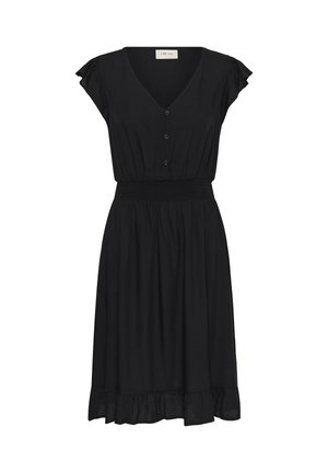 Schwarzes Midikleid mit V-Ausschnitt, kurzen Flatterärmeln, knöpfbarer Vorderseite, elastischem Taillenbund und Rüschensaum.