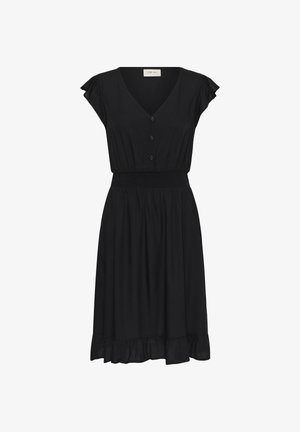 Schwarzes Midikleid mit V-Ausschnitt, kurzen Flatterärmeln, knöpfbarer Vorderseite, elastischem Taillenbund und Rüschensaum.