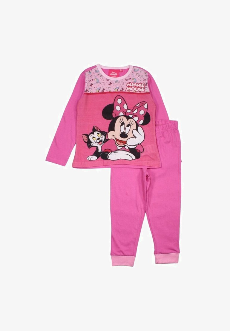 Ensemble de pyjama rose à deux pièces comprenant un haut à manches longues avec un graphisme de Minnie Mouse et un chat, ainsi que des pantalons roses assortis avec une taille élastique.