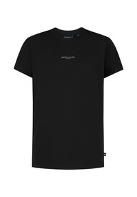 Zwarte korte mouwen t-shirt met klein gecentreerd "BALLIN" logo in het grijs op de borst, ronde hals en een zijlabel nabij de zoom.