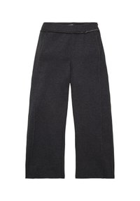 Mörkgrå vida byxor med mjuk textur, elastisk midja och kontrasterande ljus sömmar längs sidorna.