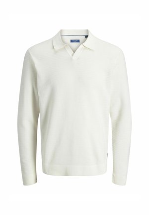 Lyse genser med strukturert strikkemønster, V-hals, lange ermer og ribbestrikkede mansjetter og kant nederst. Ideell for uformell bruk.