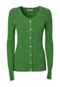 Cardigan verde a coste con maniche lunghe, colletto rotondo e decorazioni di fiori argentati. I bottoni lungo la parte anteriore ne arricchiscono i dettagli.
