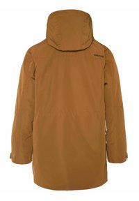 Veste imperméable marron avec capuche, présentant une coupe droite, des poignets ajustables et un logo discret sur l'épaule arrière. Texture lisse.