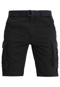 Pantalones cortos de trabajo negros hechos de una tela de textura suave, con múltiples bolsillos laterales y un cinturón azul marino con una hebilla de metal.