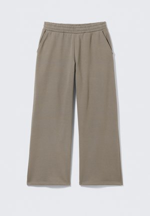 Pantalons taupe à jambes larges avec taille élastique et poches latérales, posés à plat sur un fond clair.