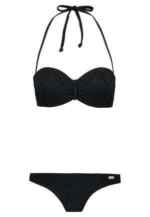 Mustakarva ujumisriiete komplekt, mis sisaldab bandeau-tippu, millel on nööriga kaelus, tekstureeritud sähvatusmustriga ning sobivaid madala lõikega aluspükse, millel on väike logotäht.