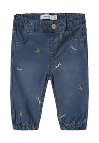 Denim hlače z elastičnim pasom, okrašene z rumenimi in pastelno obarvanimi vezenimi zmaji in z zavihanimi gležnji. Barva: temno modra.