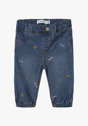 Traper hlače s elastičnim pojasom, s žutim i pastelno izvezenim vilinskim konjicima i manžetama na gležnjevima. Boja: tamnoplava.