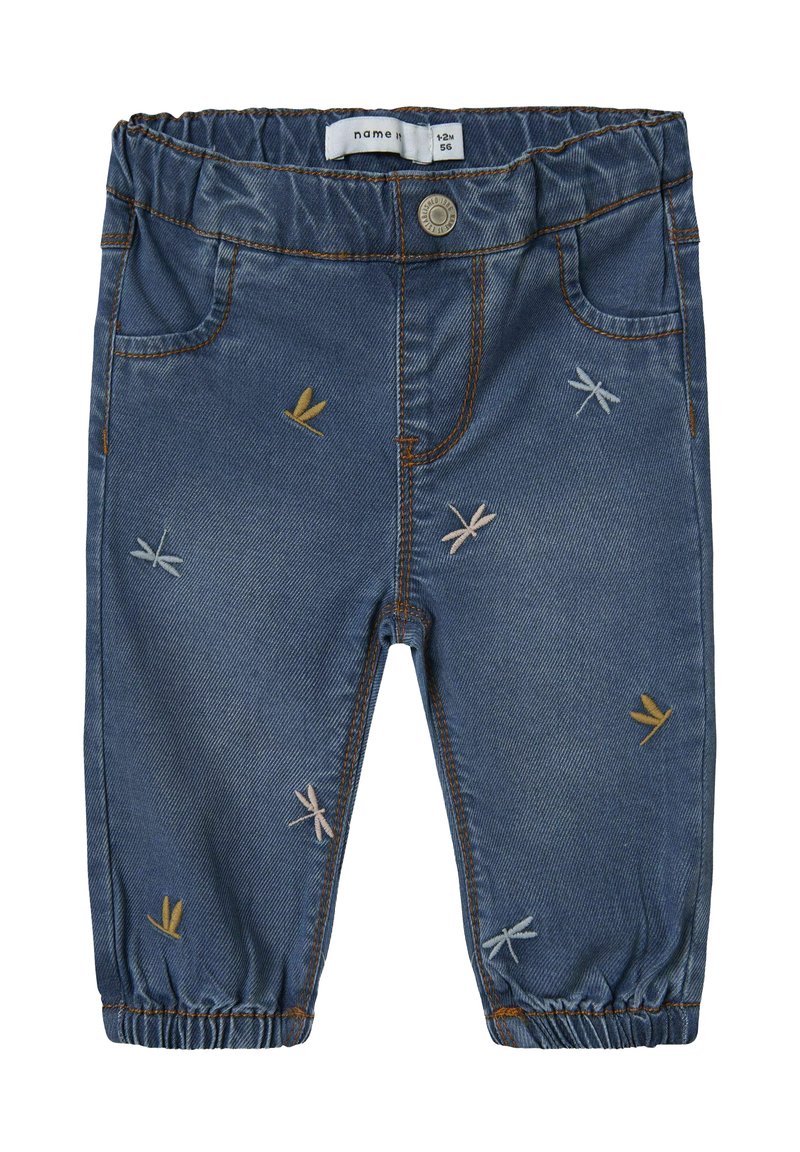 Denim hlače z elastičnim pasom, okrašene z rumenimi in pastelno obarvanimi vezenimi zmaji in z zavihanimi gležnji. Barva: temno modra.