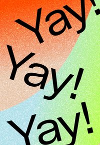 Színes absztrakt háttér ívelt szegmensekkel narancssárga, kék, zöld és barack színben, nagy fekete "Hurrá!" felirattal, háromszor megismételve. Csillogó textúra.