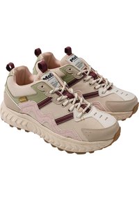 Bežiniai ir šviesiai rožiniai sportbačiai su žaliais ir burgundiškais akcentais. Tinklelio ir sintetinės medžiagos, storas tekstūruotas padas, kontrastingos juostelės.