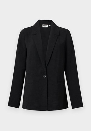 Blazer noir texturé à bouton unique avec revers crantés et deux poches passepoilées à l'avant, présenté sur un fond clair.