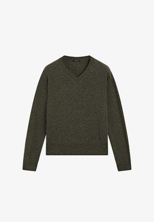 Tmavě zelený svetr, design ve tvaru V, dlouhé rukávy, žebrované manžety a lem, měkká textura, vyrobený z pleteného materiálu. Vhodný pro každodenní nošení.