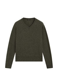 Maglione verde scuro, design a V, maniche lunghe, polsini e orlo a coste, texture morbida, realizzato in tessuto lavorato a maglia. Adatto per abbigliamento casual.