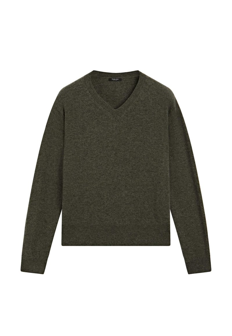 Dark green sweater, V-neck design, long sleeves, ribbed cuffs and hem, soft texture, made from a knit fabric. Suitable for casual wear.