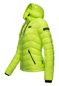 Bright lime green puffer jacket with a hood, featuring a zip closure, side pocket, and black accents. Textured quilted design.