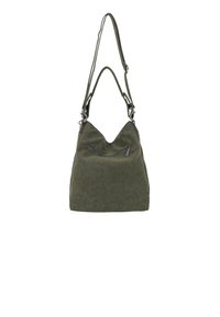 Borsa a spalla in suede verde con un design morbido, dotata di una tasca frontale con zip e una tracolla singola regolabile. Texture liscia, forma casual.