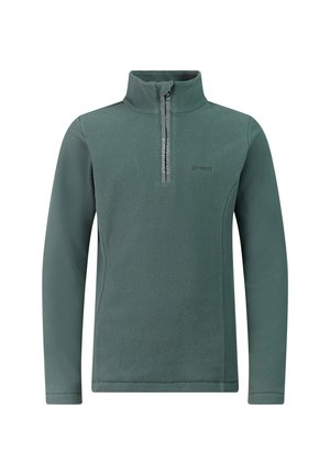 Groene fleece trui met lange mouwen, een halve rits aan de voorkant en een hoge kraag, met subtiele merktekst op de borst en de ritssluiting.