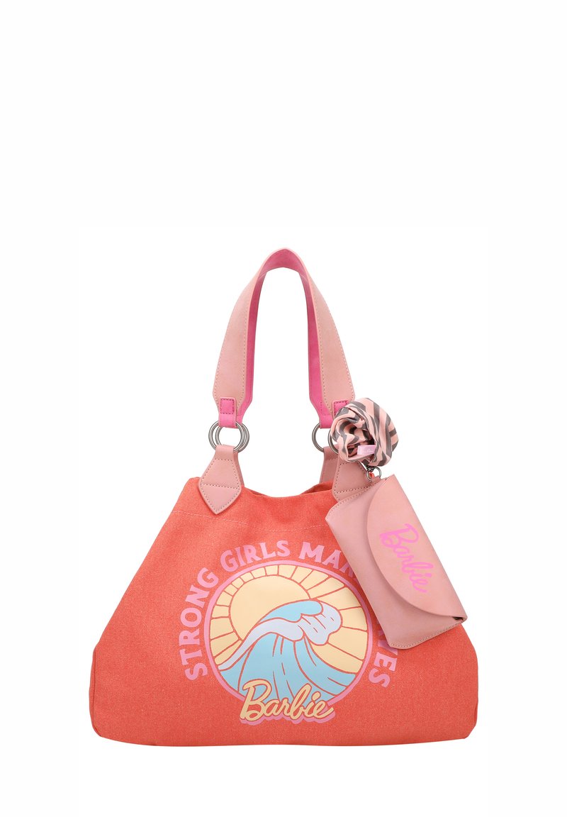 Orange Canvas-Tote mit pinken Lederriemen; versehen mit dem Schriftzug "STARKEN MÄDCHEN ZÄHLEN" im Wellen-Design und einer angehängten pinken Tasche.