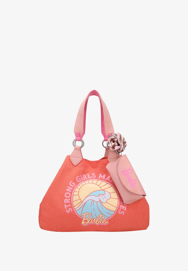 Orange Canvas-Tote mit pinken Lederriemen; versehen mit dem Schriftzug "STARKEN MÄDCHEN ZÄHLEN" im Wellen-Design und einer angehängten pinken Tasche.