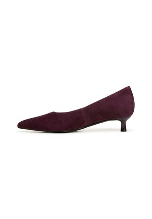 Purple suede high heel shoe with a pointed toe and a low, tapered heel. Smooth texture and minimalist design with no visible branding.