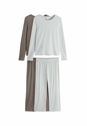 Deux tops à manches longues en gris clair et marron, assortis de pantalons gris clair et marron. Tissu doux et lisse avec taille élastique.
