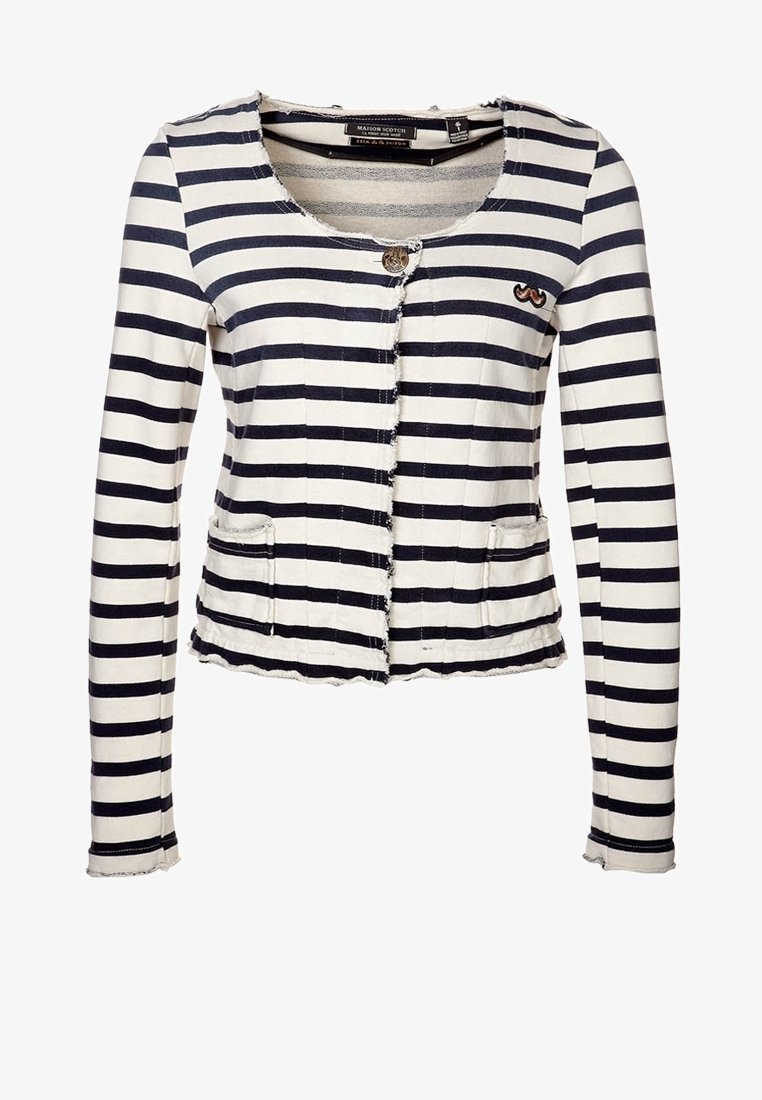 Striped cardigan in cream and navy, featuring long sleeves, round neckline, front button closure, two front pockets, and frayed hem details.