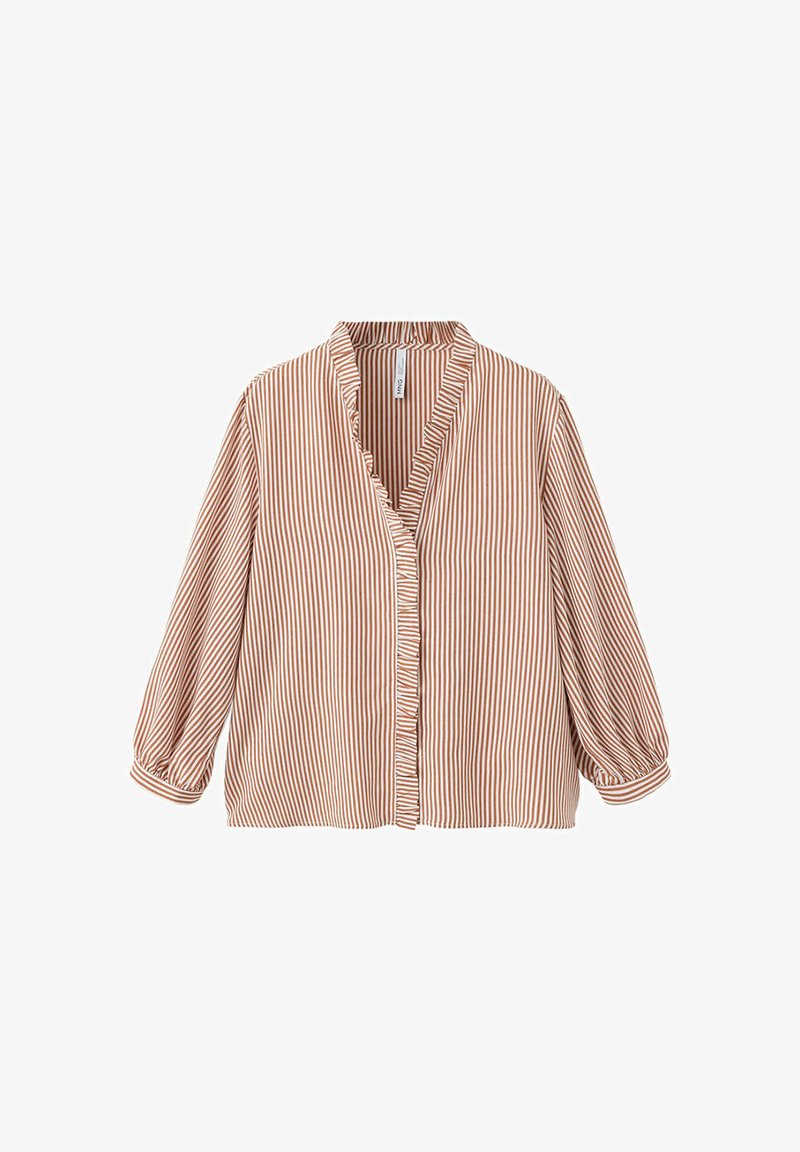 Blouse à manches longues avec des rayures verticales marron et blanches, col en V avec bordure à volants et poignets froncés.