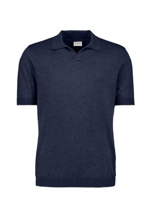 Marineblauw poloshirt met korte mouwen, een gestructureerde kraag en geribbelde boorden en zoom, weergegeven op een witte achtergrond.